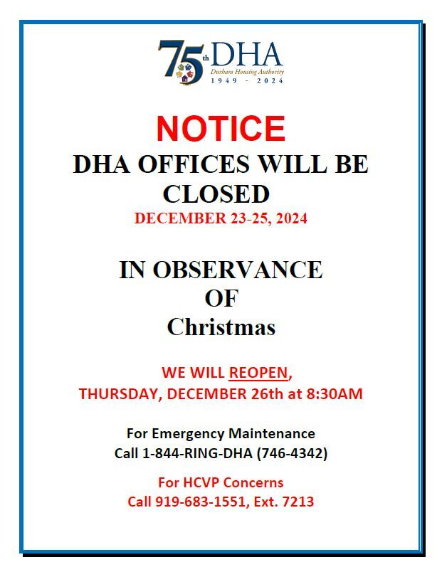 Christmas Office Closure Notice, all information as listed below.