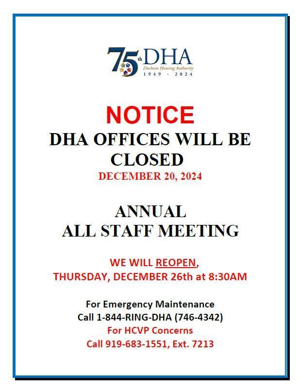 All Staff Meeting Office Closure Notice, all information as listed below.