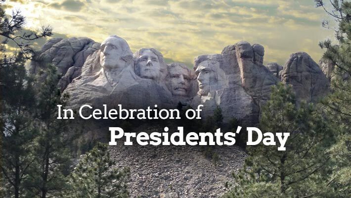 The words In Celebration of President's Day with Mount Rushmore in the background.