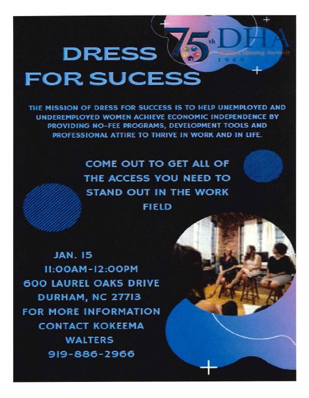 Dress For Success Flyer, all information as listed below.