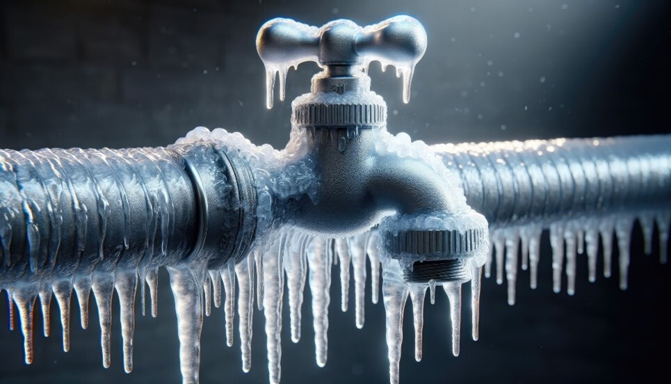 Pipes and a faucet covered in icicles.