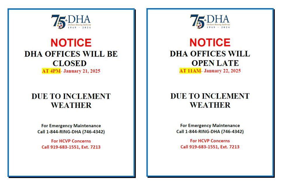 DHA Office Closures Due to Inclement Weather flyer, all information as listed below.