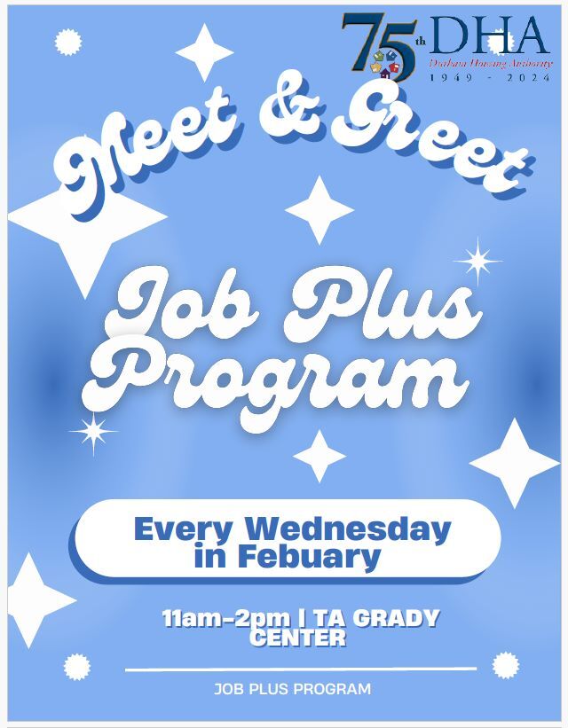 Meet and Greet Jobs Plus Flyer, all information as listed below.