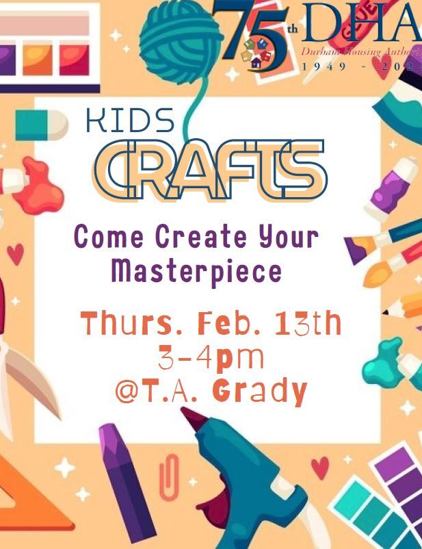 Kids Crafts Flyer, all information as listed below.