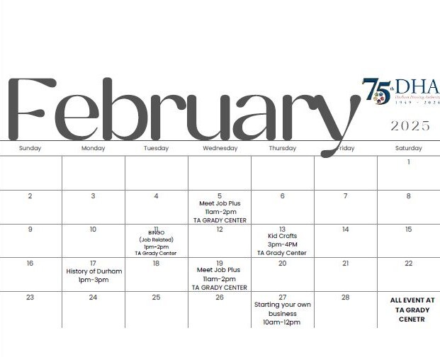 Jobs Plus February calendar, all information as listed below.