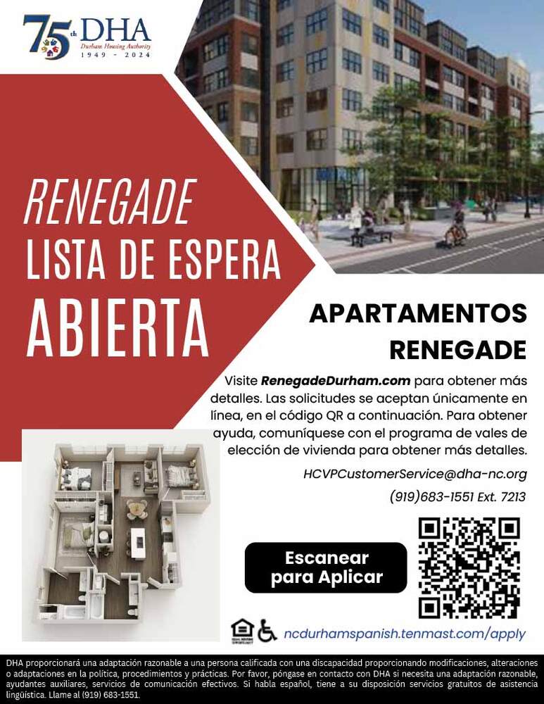 Renegade Apartments flyer in Spanish, all text from flyer below.