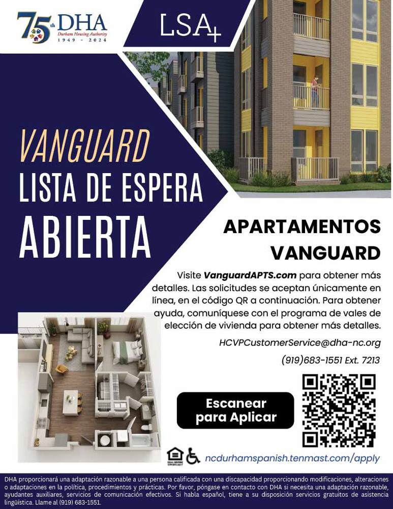 Vanguard Apartments flyer in Spanish, all text from flyer below.