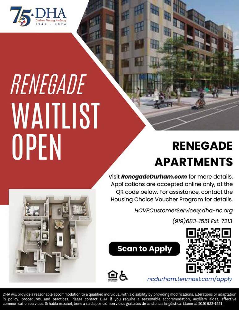 Renegade Apartments flyer in English, all text from flyer below.