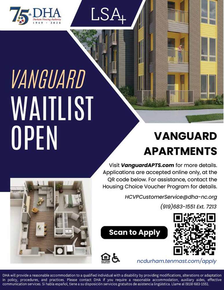 Vanguard Apartments flyer in English, all text from flyer below.