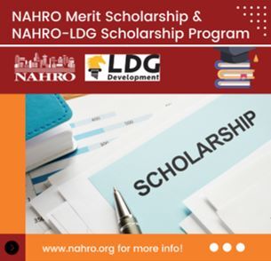 Documents with the word Scholarship and a banner at the top that says NAHRO Merit Scholarship and NAHRO-LDG Scholarship Program.