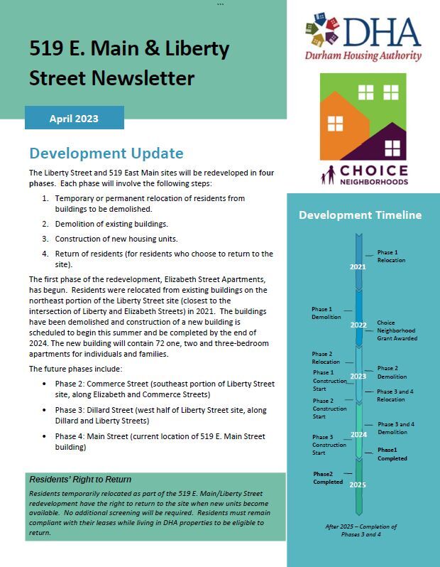 April 2023 519 E. Main & Liberty Street Newsletter first page, all information as listed below.