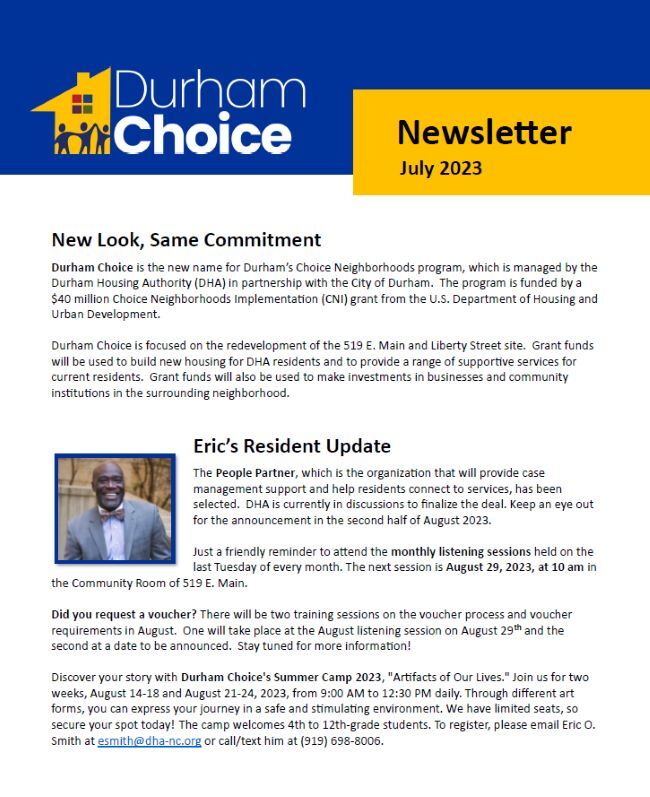 July 2023 Durham Choice Newsletter first page, all information as listed below.