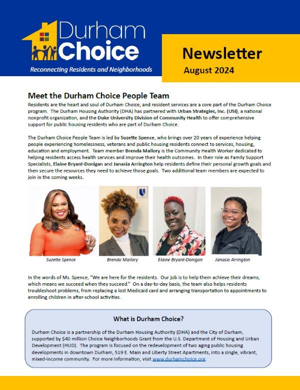 August 2024 Durham Choice Newsletter first page, all information as listed below.