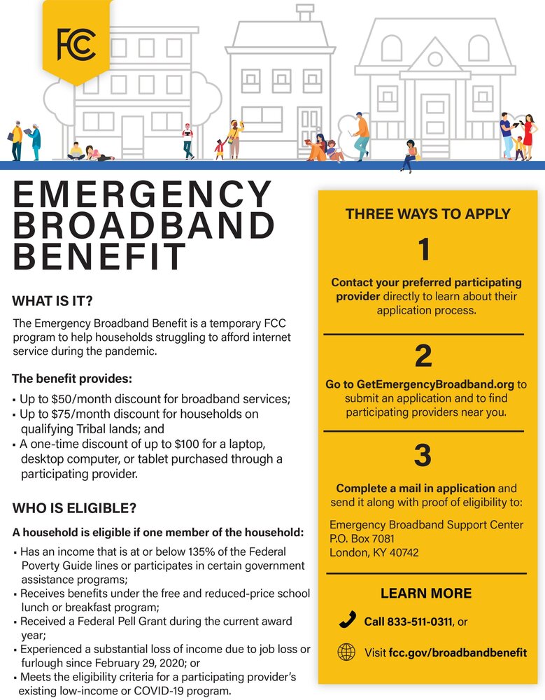 Emergency Broadband Announcement flyer. All content is as listed below. 