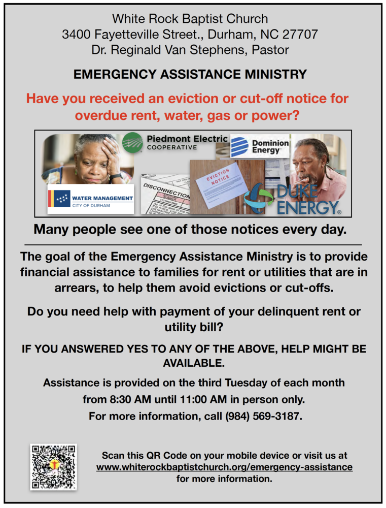 Emergency Assistance Ministry Flyer, all information as listed below.