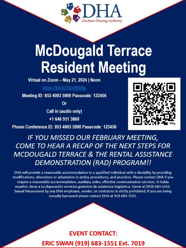 McDougald Terrace Resident Meeting Flyer. All information on this flyer is listed below.