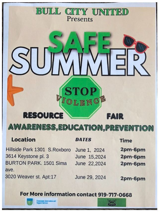 Safe Summer Resource Flyer by Bull City United, all information as listed below.