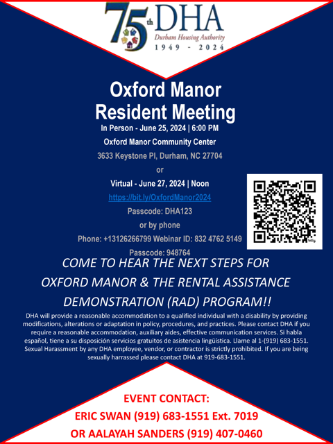 Oxford Manor Resident Meeting flyer, all information as listed below.