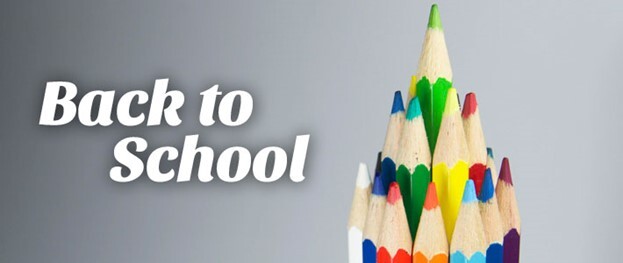 The words Back to School with a colored pencil tree in the background.