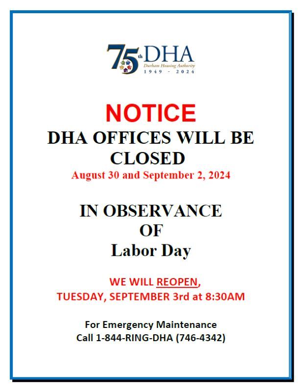 Durham Labor Day office closure, all information as listed below.