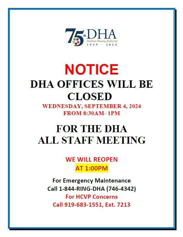 DHA Staff Meeting Sept. 4 Notice, all information as listed below.