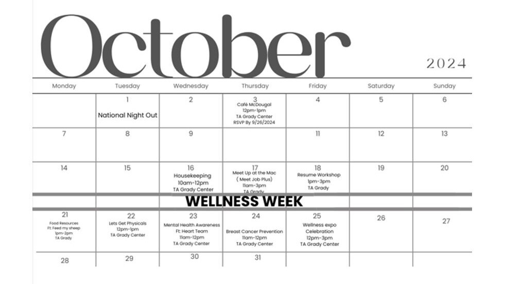 Jobs Plus October 2024 calendar, all information listed below.